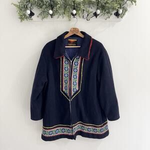 Vintage Americana Navy Embroidered Full Zip Wool Coat